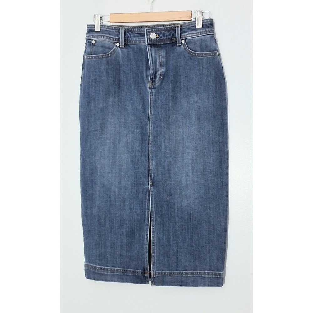 Talbots Denim Skirt Size 4 In Tidal Wash Midi Button Zip Jean Pockets Preowned